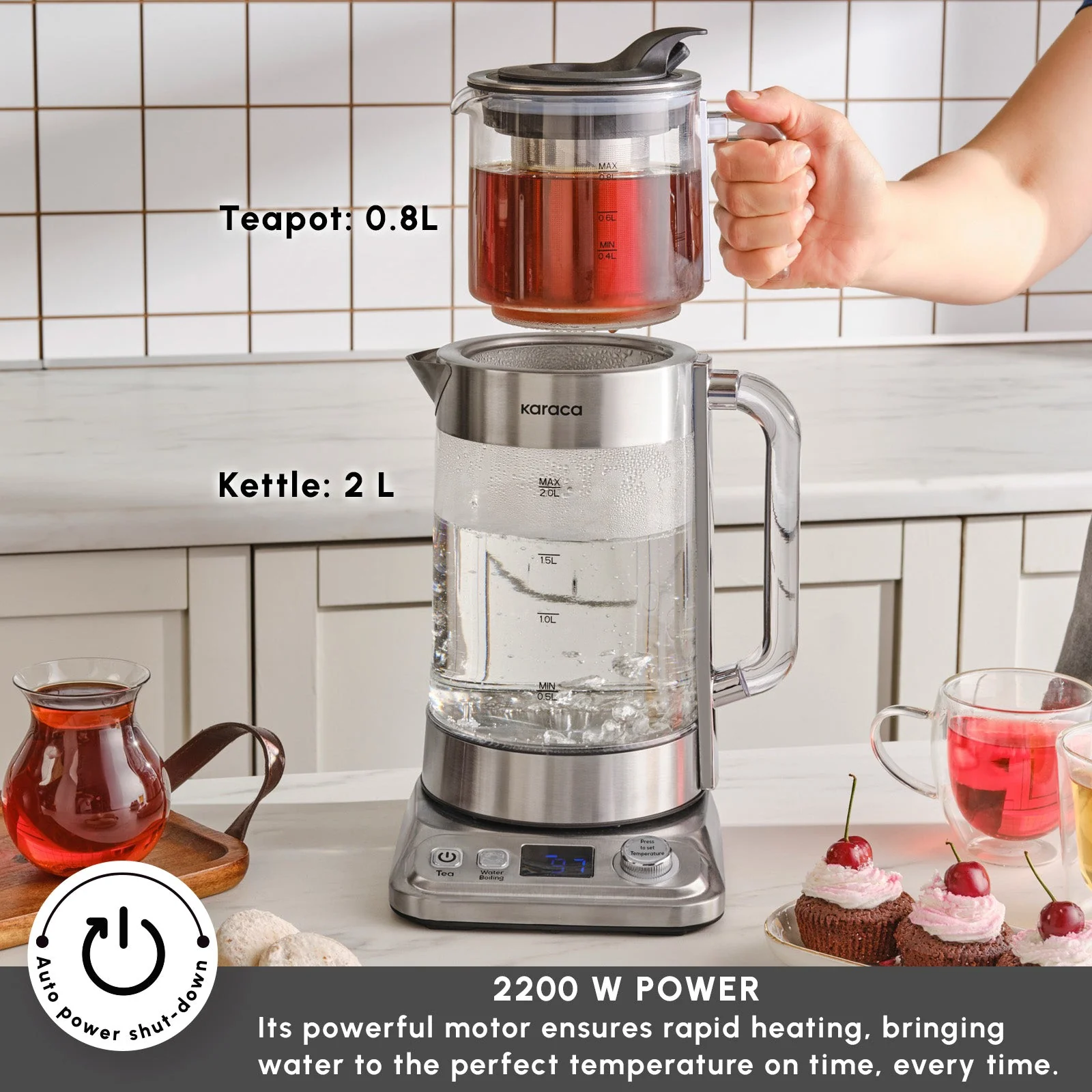 Karaca x by Refika XL Glass Tea Maker and Kettle, 2200W, 2,8L, Inox - Image 3