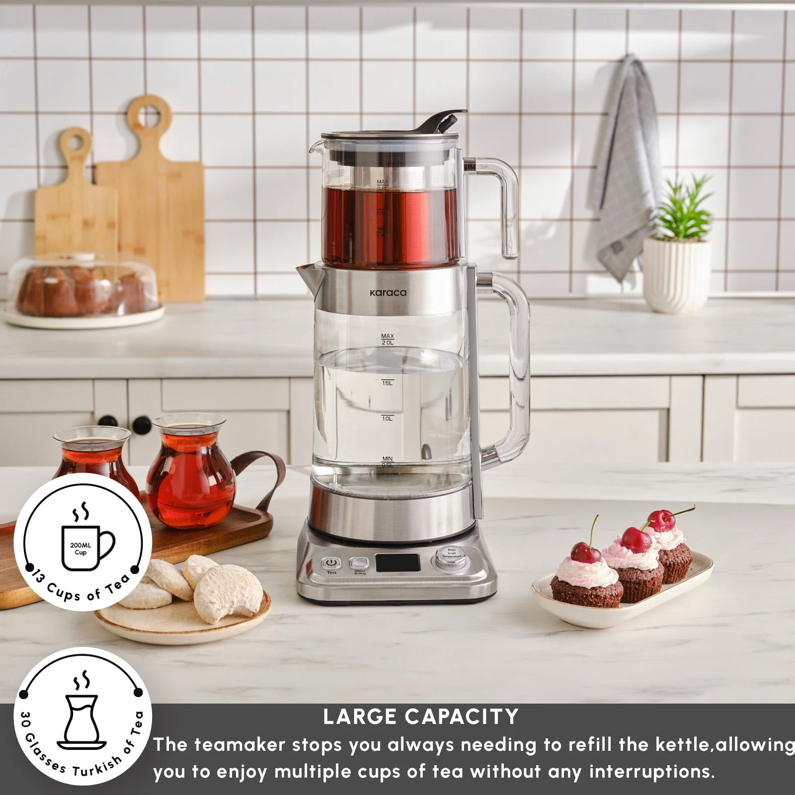 Karaca x by Refika XL Glass Tea Maker and Kettle, 2200W, 2,8L, Inox - Image 4