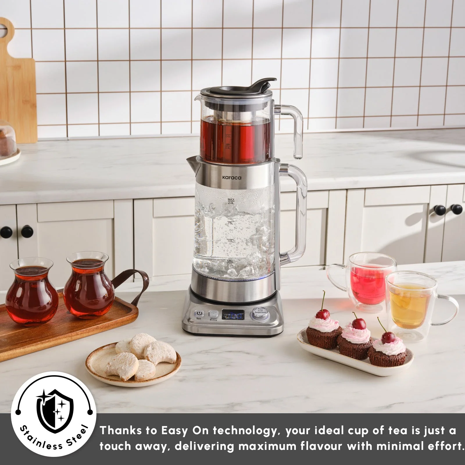 Karaca x by Refika XL Glass Tea Maker and Kettle, 2200W, 2,8L, Inox - Image 5