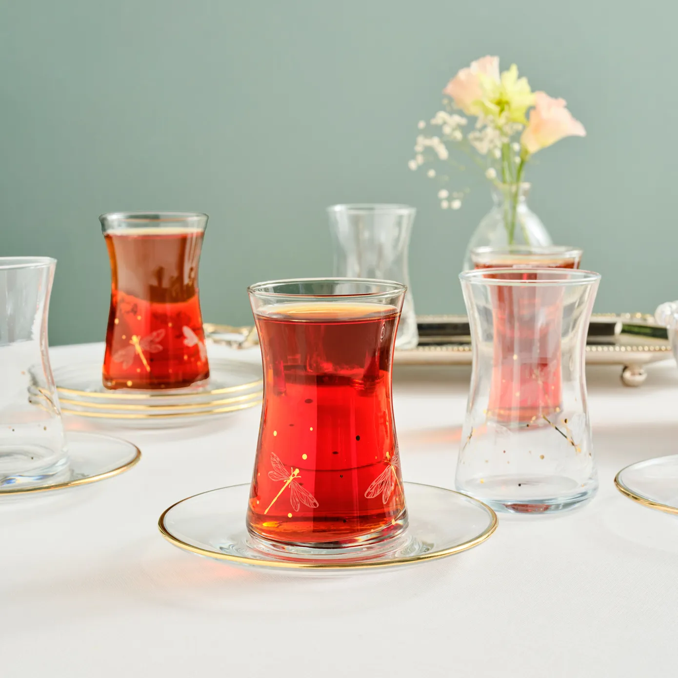 Karaca Yusufçuk 12-Piece Glass Turkish Tea Set for 6 People, 170ml, Gold - Image 3