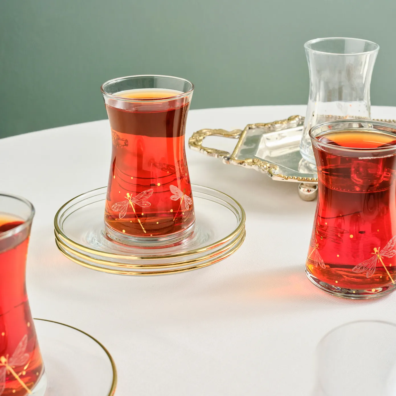 Karaca Yusufçuk 12-Piece Glass Turkish Tea Set for 6 People, 170ml, Gold - Image 6