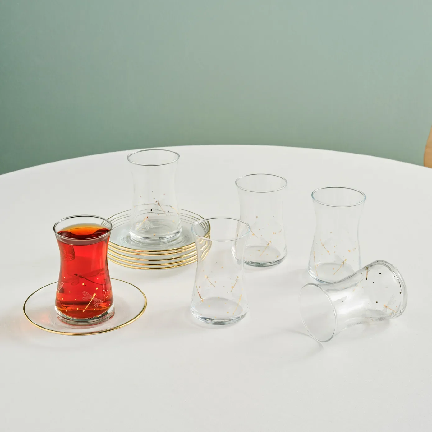 Karaca Yusufçuk 12-Piece Glass Turkish Tea Set for 6 People, 170ml, Gold - Image 7