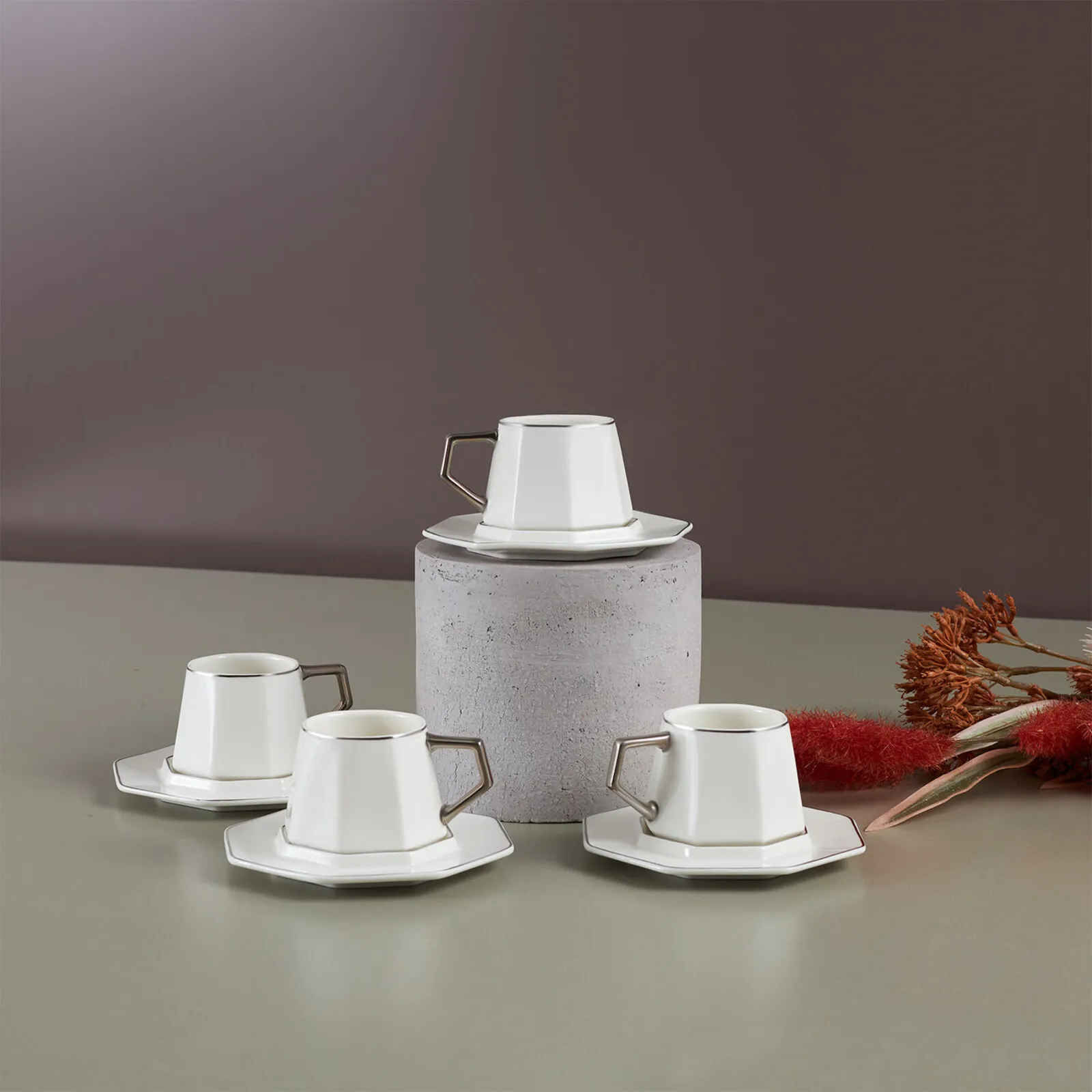 Karaca Zeher 12-Piece Porcelain Espresso Turkish Coffee Cup Set for 6 People, 90ml, White Silver - Image 3