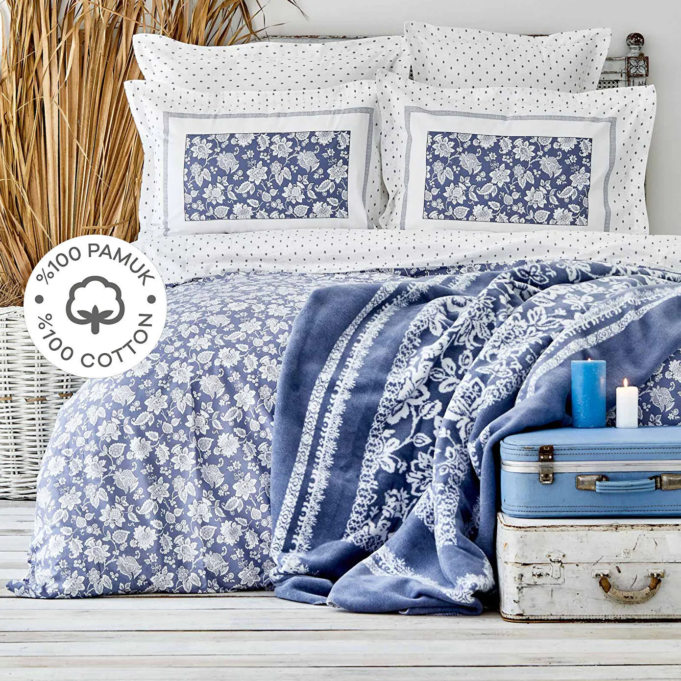 Karaca Celerina 100% Turkish Cotton Duvet Cover Set, Double, Blue