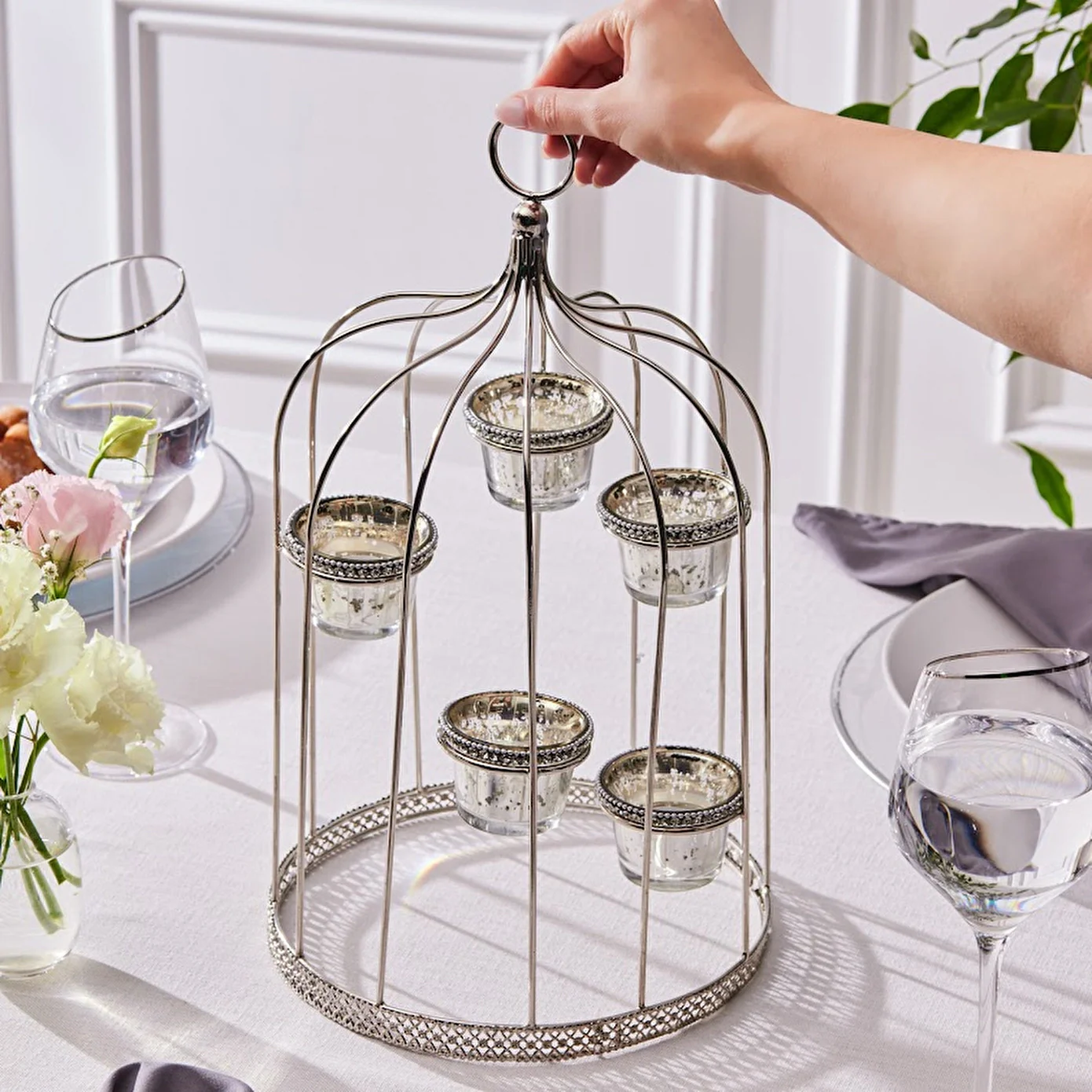 Karaca Majesty 5-Piece Stainless Steel & Glass Candleholder, 40x21cm, Silver - Image 2