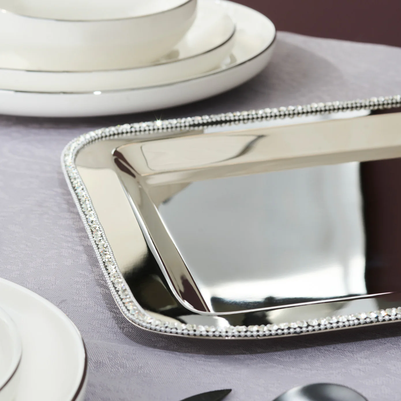 Karaca Home Majesty Stainless Steel Decorative Rectangular Tray, 42x29,5cm, Silver - Image 2