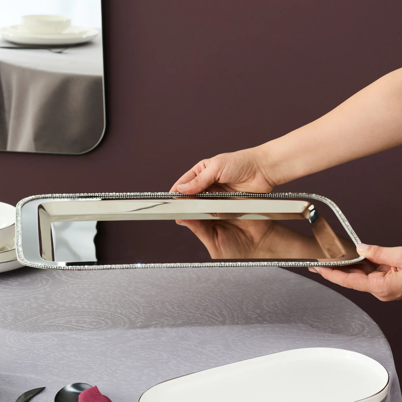 Karaca Home Majesty Stainless Steel Decorative Rectangular Tray, 42x29,5cm, Silver - Image 3