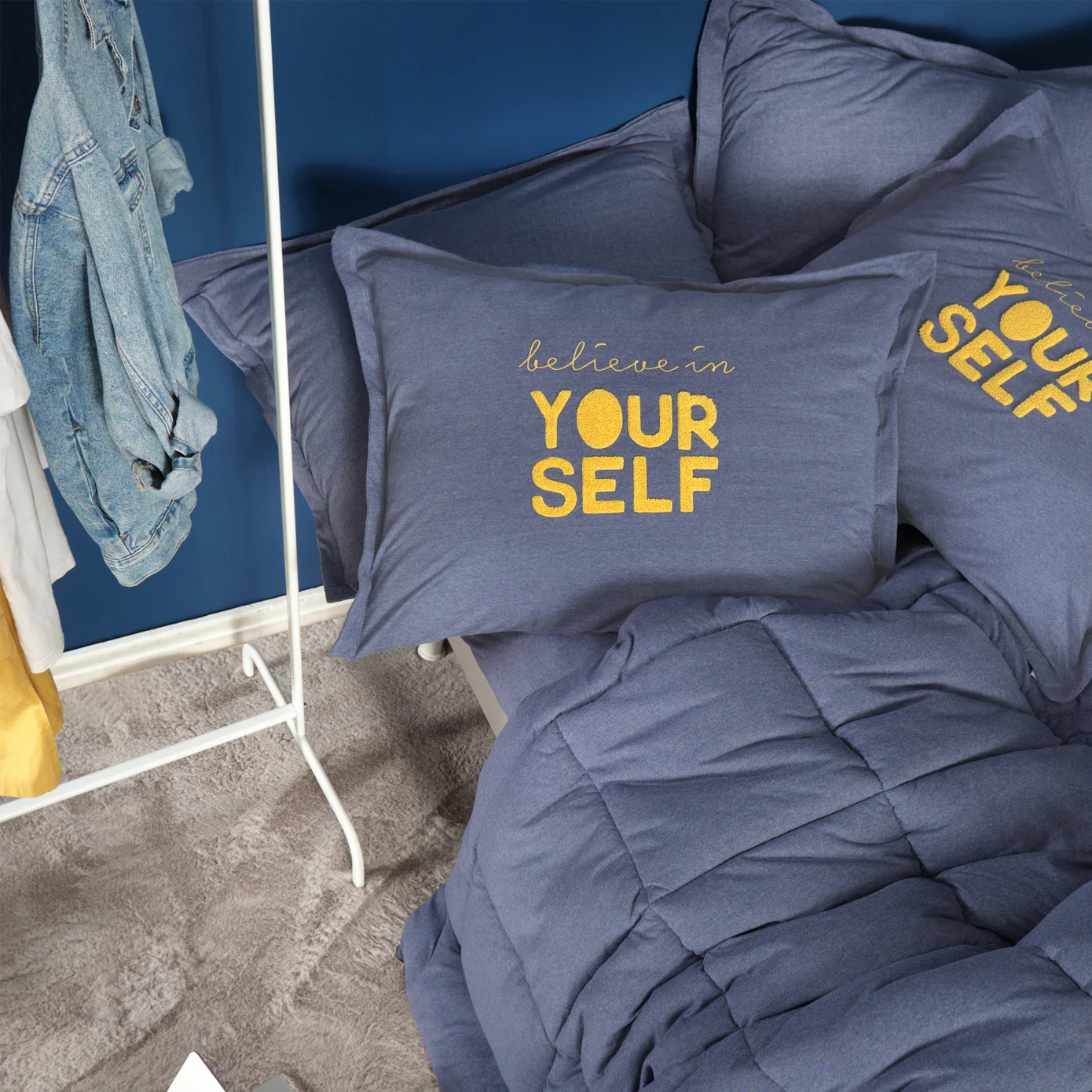 Karaca Home Motto 100% Turkish Cotton Comfort Bedding Set, Double, Indigo - Image 2