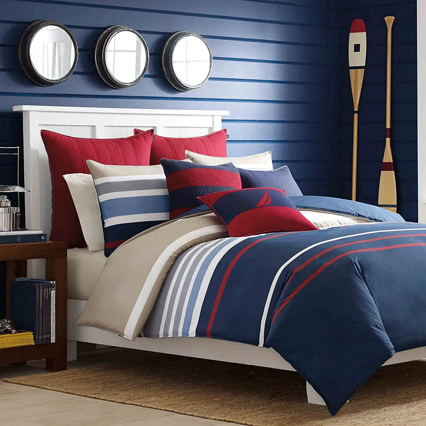 Nautica Home Bradford 100% Turkish Cotton Duvet Cover Set, Super King, 260cmx220cm, Navy Blue Multi