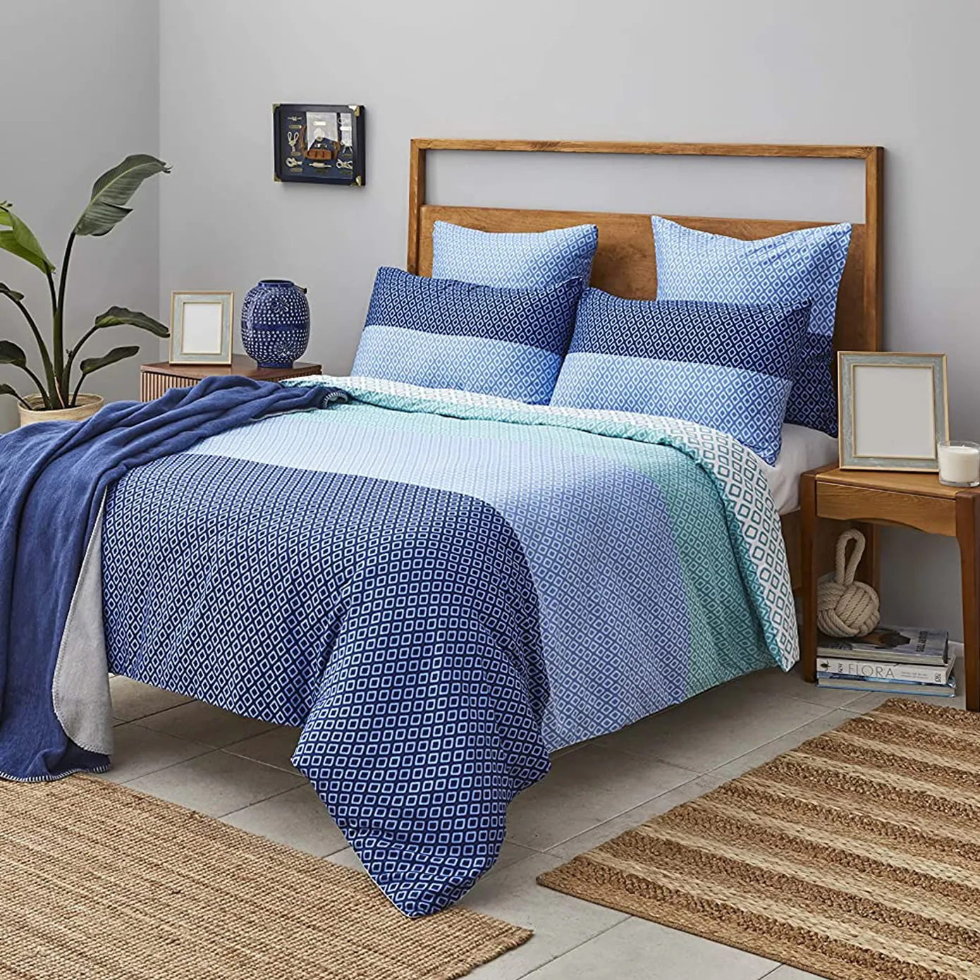 Nautica Home Grace 100% Cotton Duvet Cover Set, King, 230cmx220cm, Blue Multi