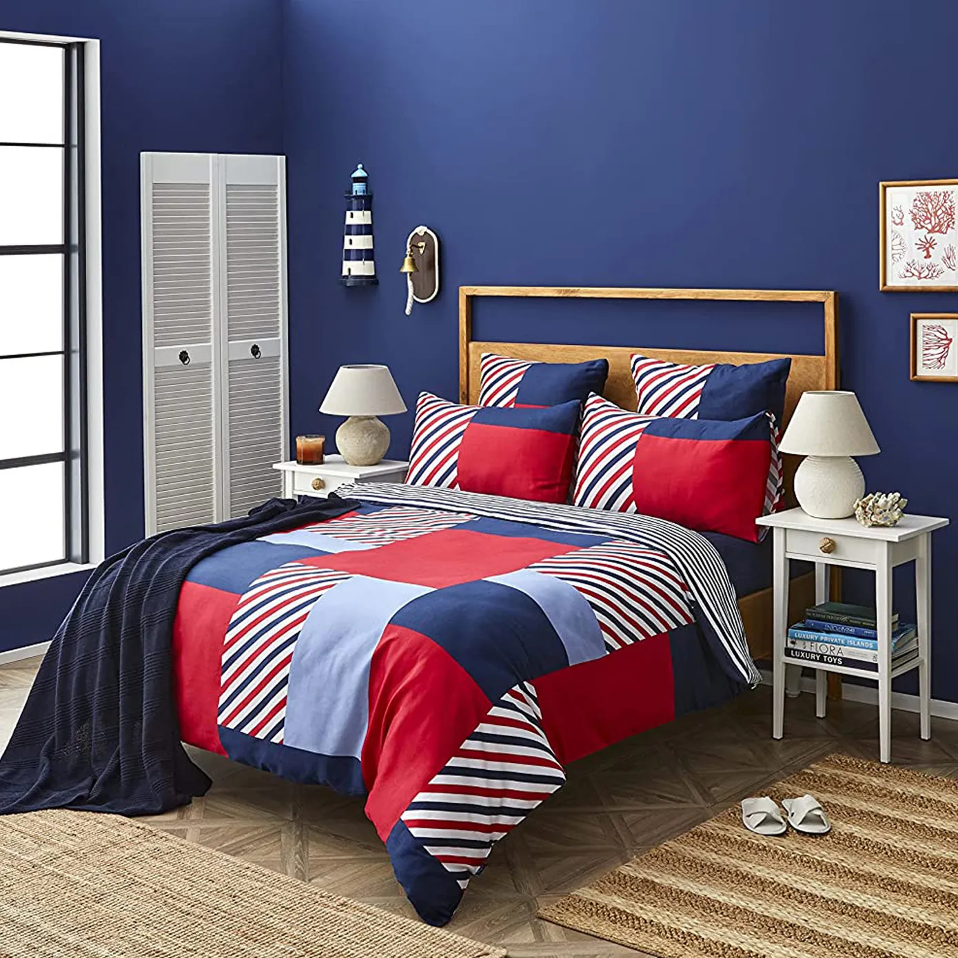 Nautica Home Morris 100% Cotton Duvet Cover Set, King, 230cmx220cm, Navy Blue Multi