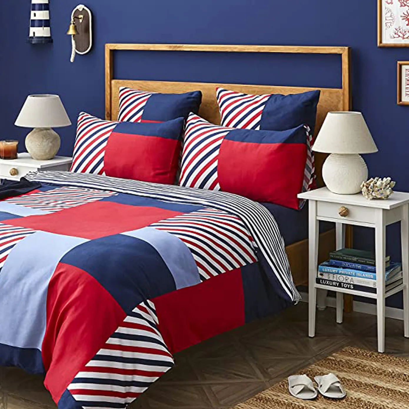 Nautica Home Morris 100% Cotton Duvet Cover Set, Super King, 260cmx220cm, Navy Blue Multi - Image 2