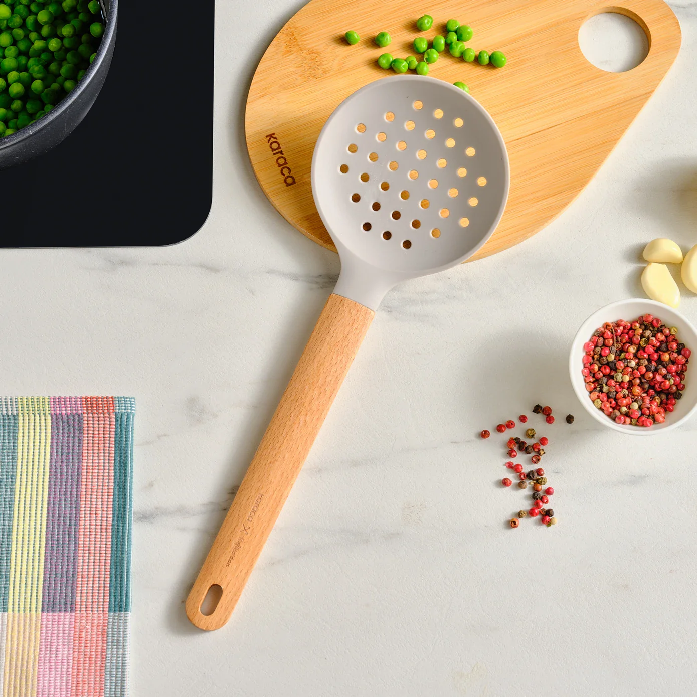Karaca x Refika Wooden Handle Silicone Colander, Gray
